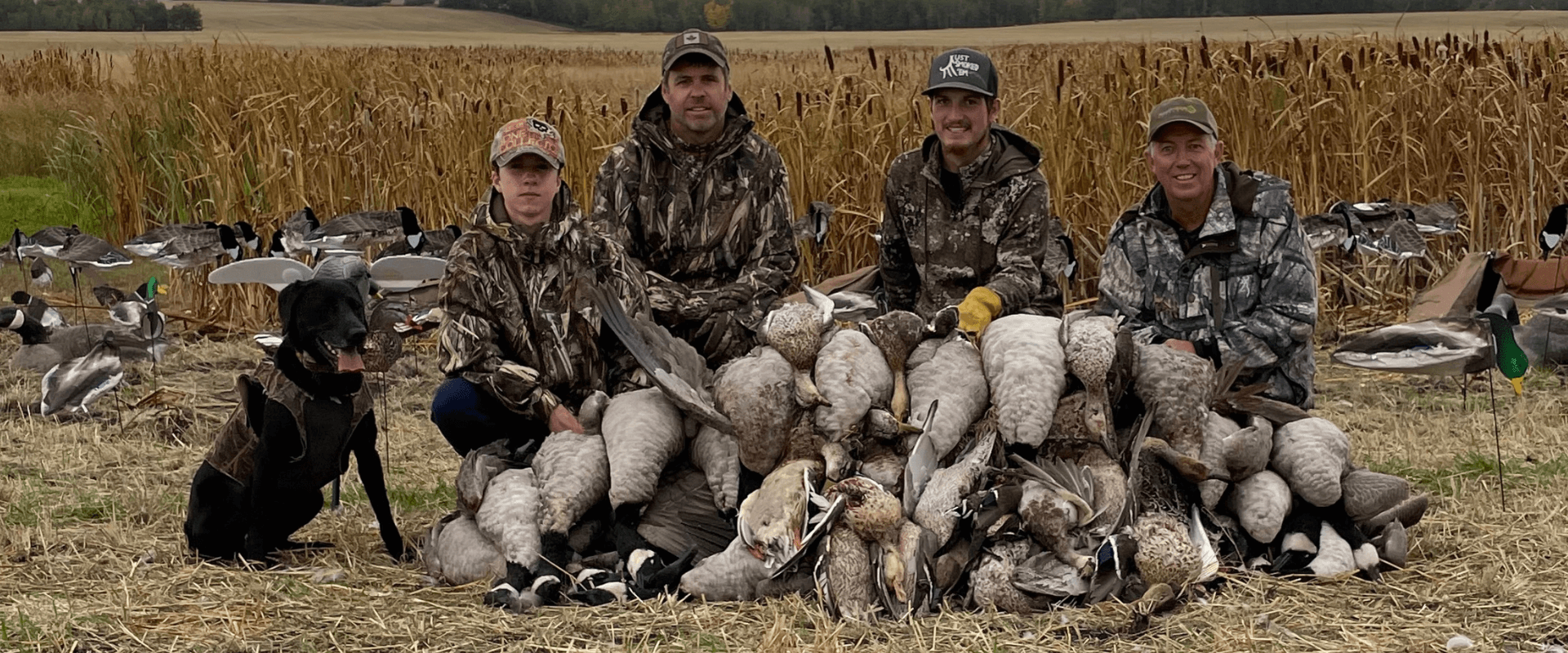 Four hunters and a pile of geese after a successful day of waterfowl hunting in Alberta with Canadian Premier Hunts